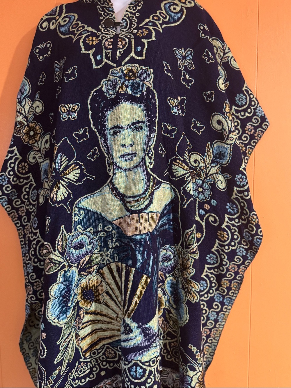 Frida-Inspired Women's Navy Floral Poncho